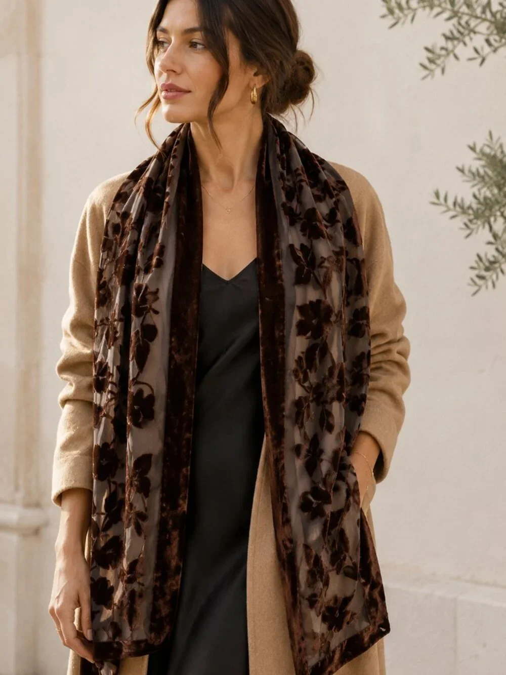 Silk Velvet Burnout Scarf Brown Leaf Floral Wrap Sheer Luxury Shawl Elegant